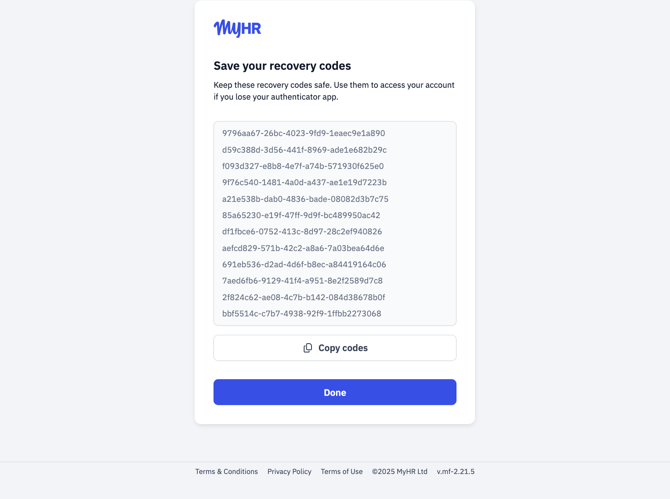 MyHR app showing 2FA backup codes.