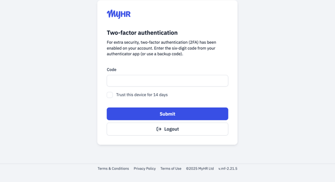 MyHR app's 2FA/MFA verification page.