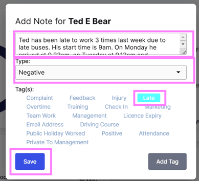 Screenshot of an example of a Smart Note in MyHR