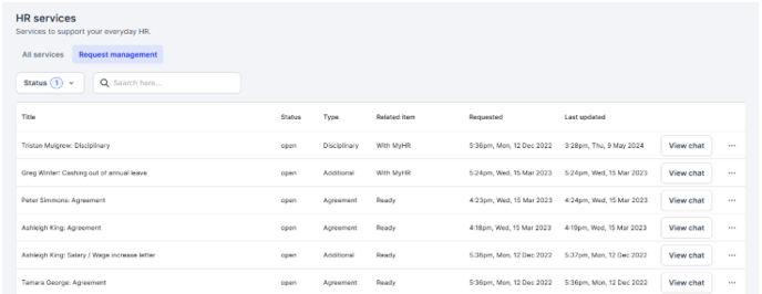 Screenshot of the Request Management feature in MyHR