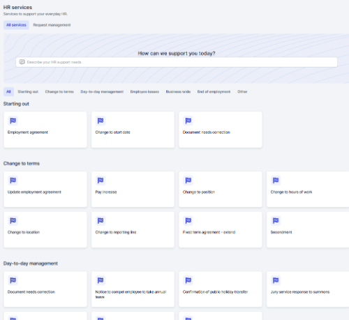 Screenshot of the HR services page in MyHR