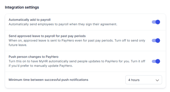 Integration settings - data push