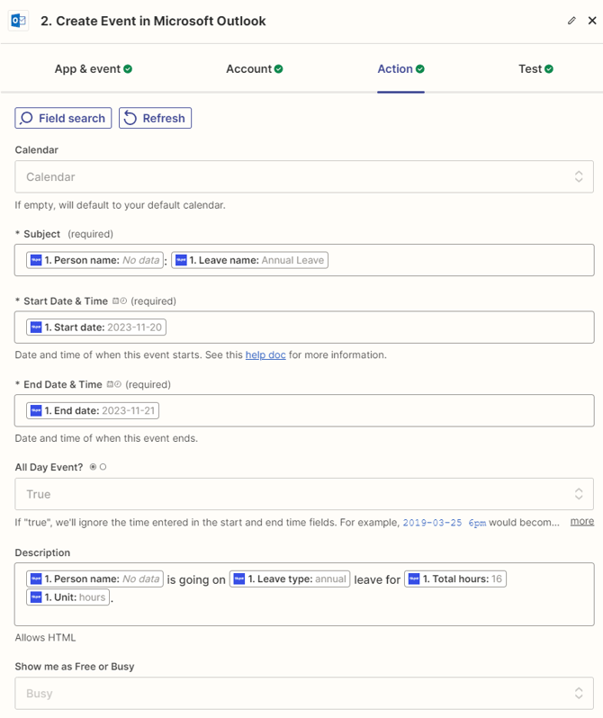 Create event in Microsoft Outlook