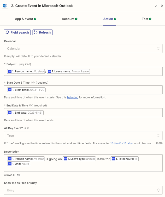 Create event in Microsoft Outlook