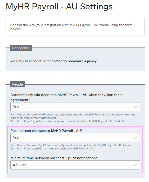 MyHR Payroll settings showing automatic data updates