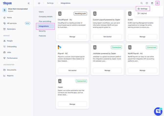 Settings menu showing integrations