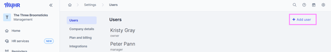 Screenshot of the Users tab under Settings in a MyHR account, highlighting the Add User button