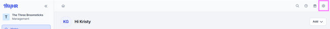Screenshot of a MyHR account home page, highlighting the settings button