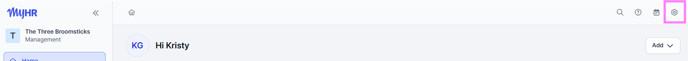 Screenshot of a MyHR account home page, highlighting the settings button