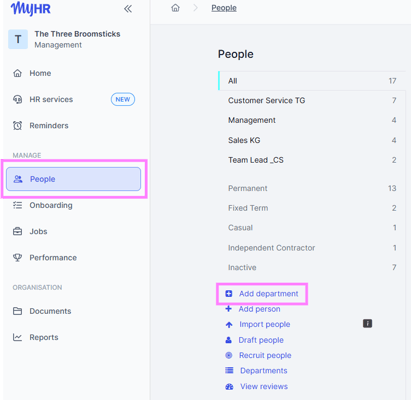 Screenshot of the Add department button. This is found under Manage People.