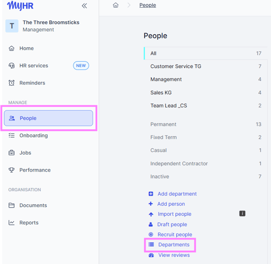 Screenshot of the Departments button, under Manage People