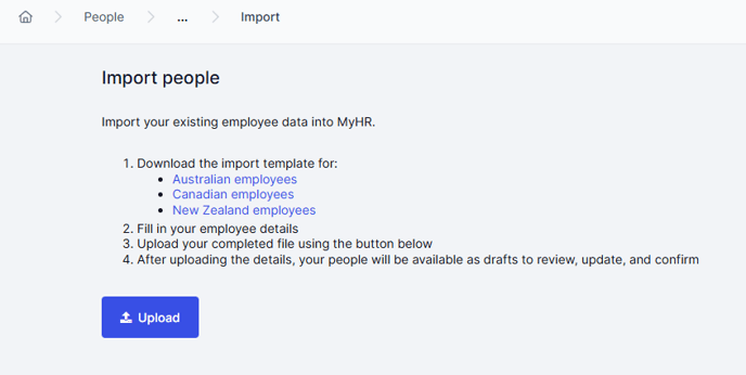 Screenshot of the Import people page, showing the regional templates and Upload button