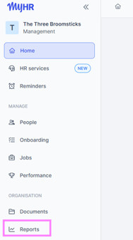 Screenshot of the menu bar in MyHR, highlighting the Reports button