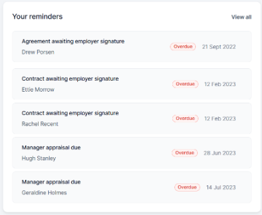 Screenshot of the Your Reminders feature, found on the MyHR Home page.