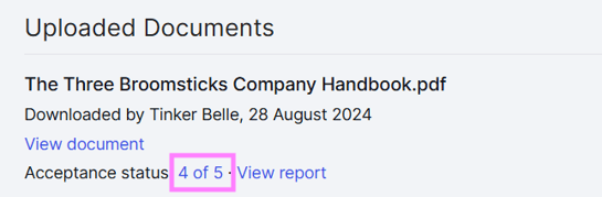 Screenshot of the acceptance status counter, for a document sent to multiple employees for digital acceptance