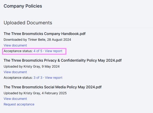 Screenshot of the Acceptance status of a document that has been sent to multiple employees to digitally accept
