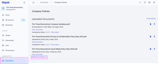 Screenshot of the Request acceptance button under Organisation Documents