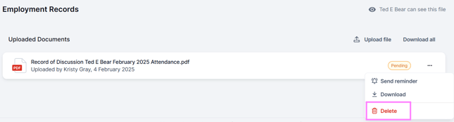 Screenshot of the delete button for a document sent to an employee to electronically acceptance