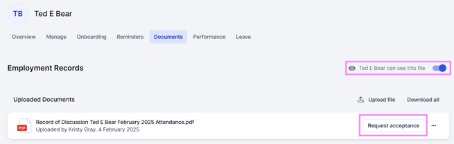 Screenshot of the Request Acceptance button on an employee's individual document on their profile in MyHR