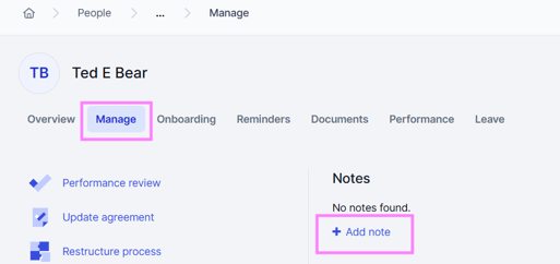 Screenshot of an employee's Manage tab, highlighting the Add Note button