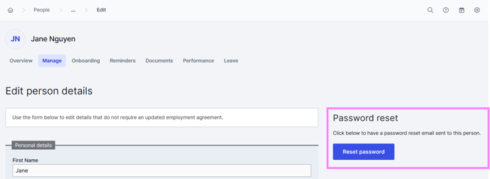 A screenshot of the edit details screen on an employee profile, highlighting the button for sending a invite to the employee to reset their password