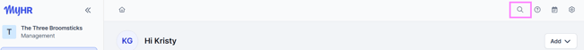 Screenshot of a MyHR account home page, highlighting the search button