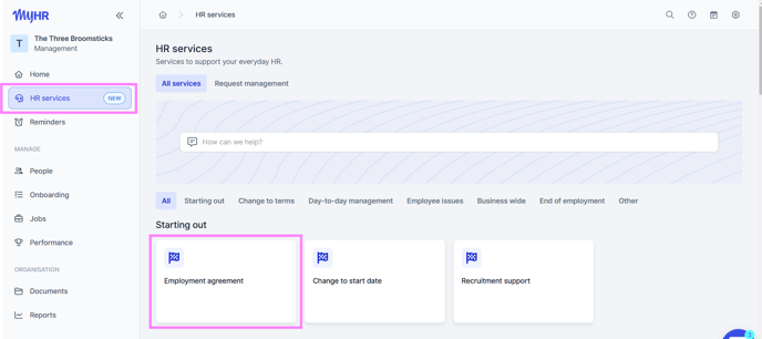 Screenshot of HR services page, highlighting the Employment Agreement request button