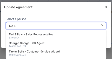 Screenshot of select employee search field for update Agreement page