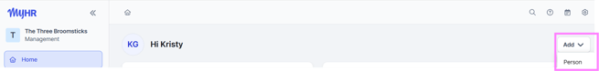 Screenshot of the home page of a MyHR account, highlighting the Add Person button