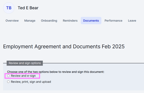 Screenshot of button to review and e-sign an employment agreement