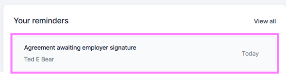 Screenshot of the reminder to sign an employment agreement in MyHR