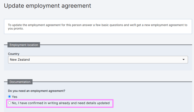 Screenshot of the Update Agreement page in MyHR, highlighting the option for updating an employee's profile without generating a request for an employment agreement