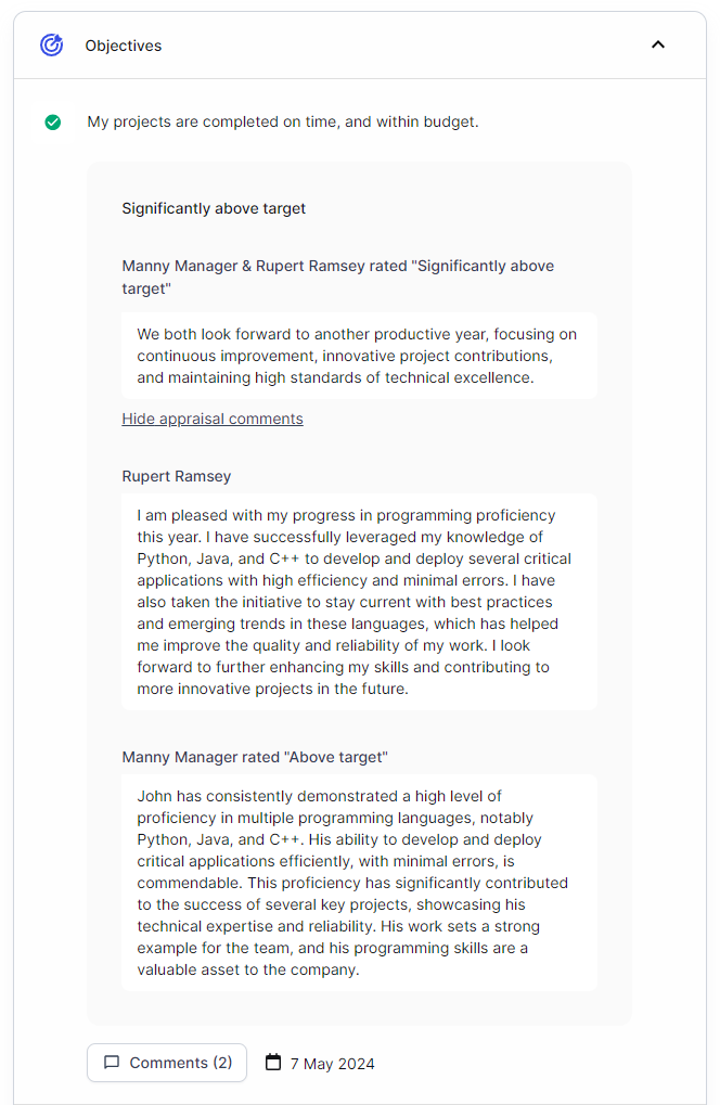 Completed appraisal showing comments from both parties