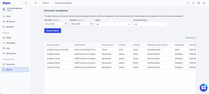 Report showing who requested a document to be accepted by an employee