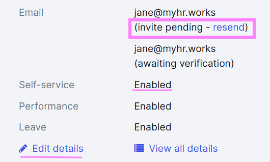 Screenshot of employee overview page, highlighting the button to resend a pending invitation to the employee, self-service enabled and Edit details