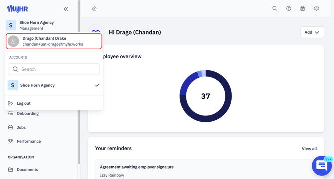 MyHR app with side bar account menu open.