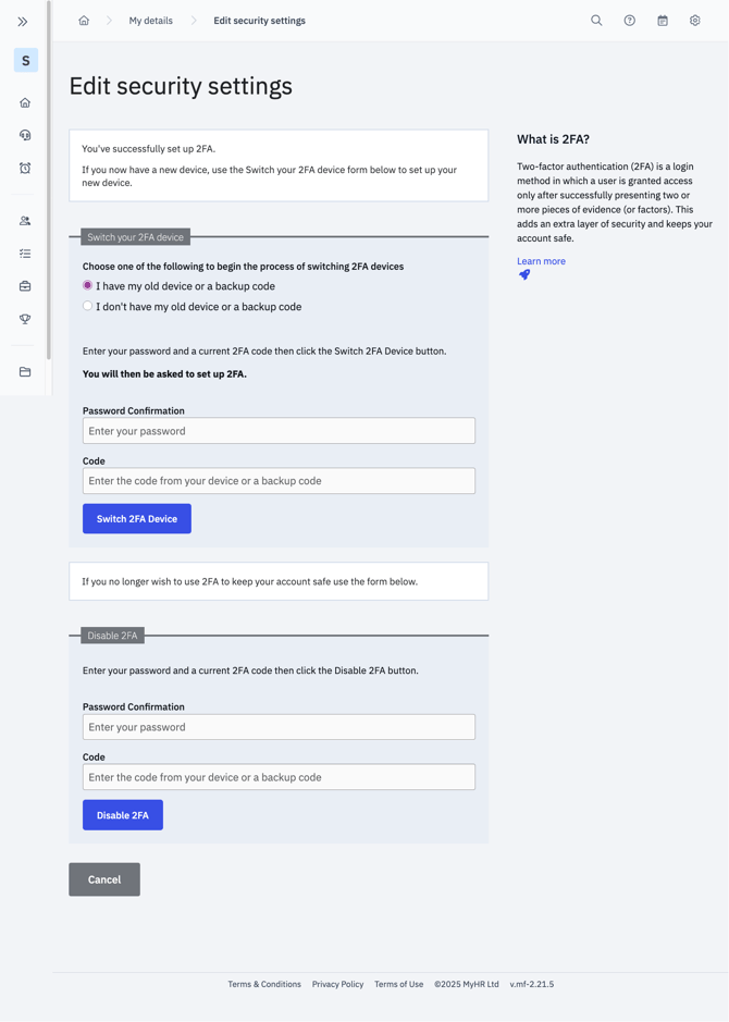Page to edit 2FA settings.