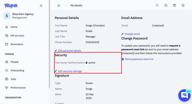 "My details" page on MyHR app showing button to edit security settings.