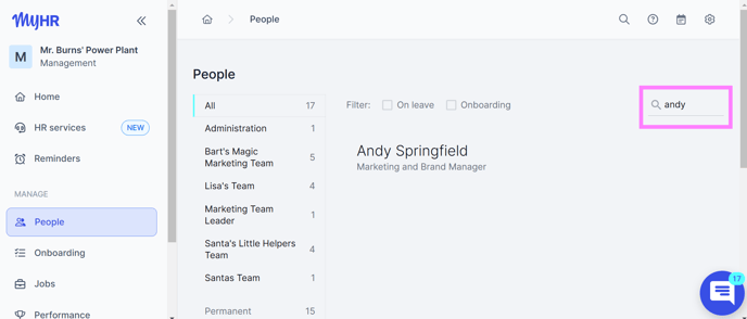 MyHR People tab, searching