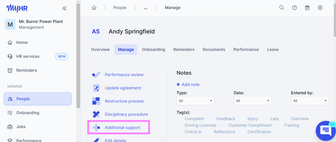 MyHR People manage tab open, with additional support highlighted