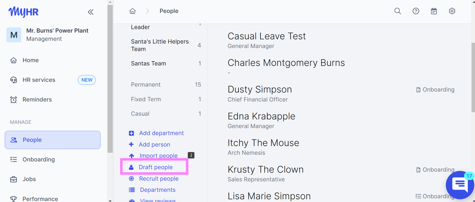 My people page, draft people highlighted