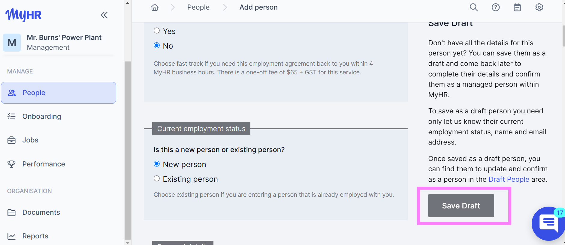 Save draft, from add person form