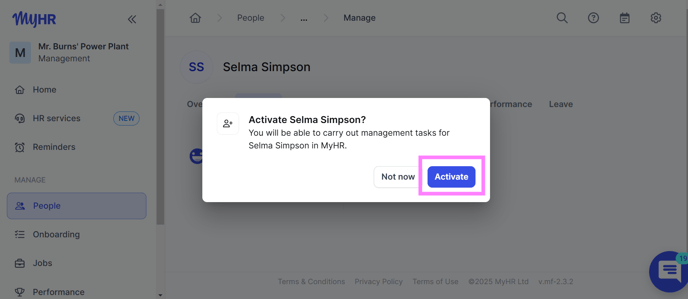 MyHR activate person window