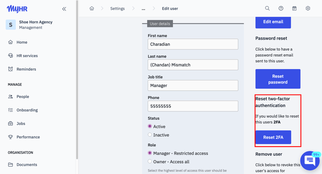 "Reset 2FA" button on Charadian's user details page.