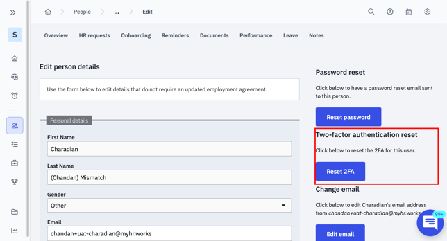 "Reset 2FA" button on page to edit person's details.