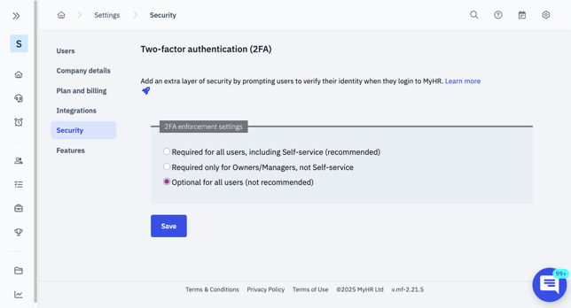 Settings settings on MyHR app.