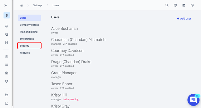 Settings page with "Security" settings on side nav highlighted.